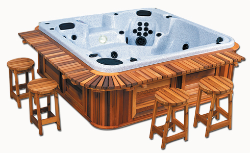 A Hot Tub with a cedar wood bar package with stools